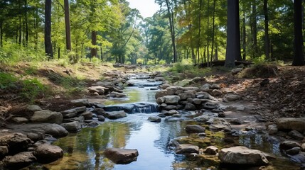Obraz premium A small stream flows through a lush green forest, its clear water cascading over rocks.