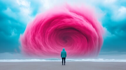 Person stands on a beach looking at a pink and blue swirl of water. The scene is surreal and dreamlike, with the person appearing to be the only one in the image