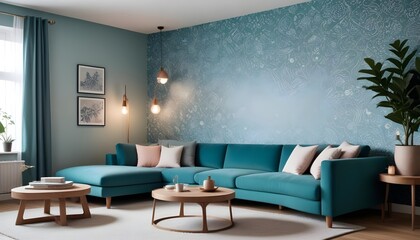 Scandinavian living room interior design zoom background,Doodle patterned wallpaper graphics