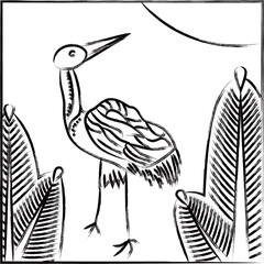 筆書き正方形花札　睦月　松　鶴　1月　松に鶴