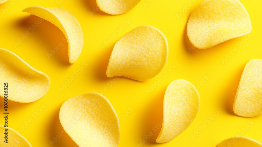 Poster yellow background with a bunch of yellow chips scattered around it. the chips are cut in half and ar