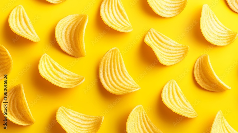 Poster yellow background with a bunch of yellow chips scattered across it. the chips are cut in half and ar