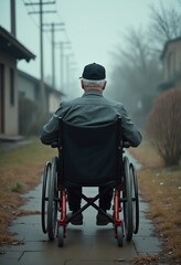 Obraz premium A vibrant wheelchair positioned behind a veteran in a desolate garden, evoking feelings of loneliness and sadness