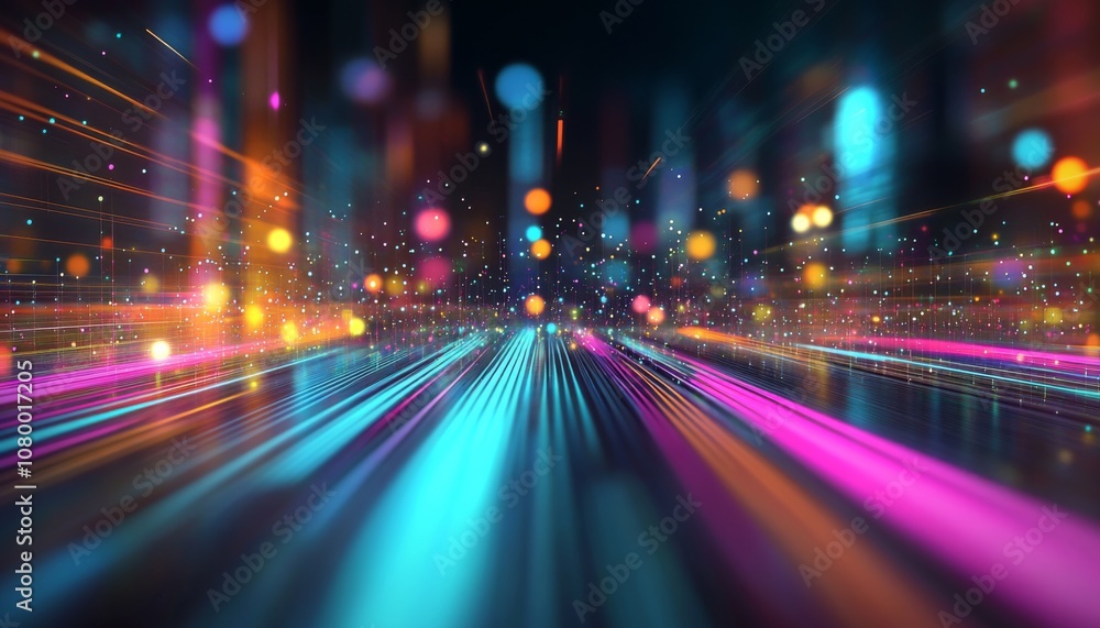Poster futuristic cityscape with colorful lights in radial pattern creating dynamic tunnel effect at night.