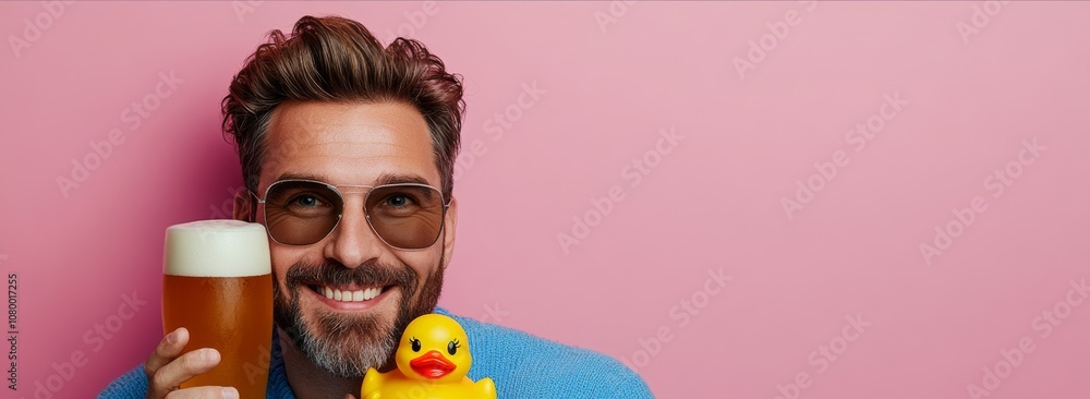 Poster man is holding a beer and a rubber duck. he is smiling and he is enjoying himself