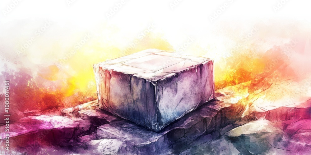 Poster abstract geometric stone cube on rocky surface with colorful gradient background, creating dreamy et