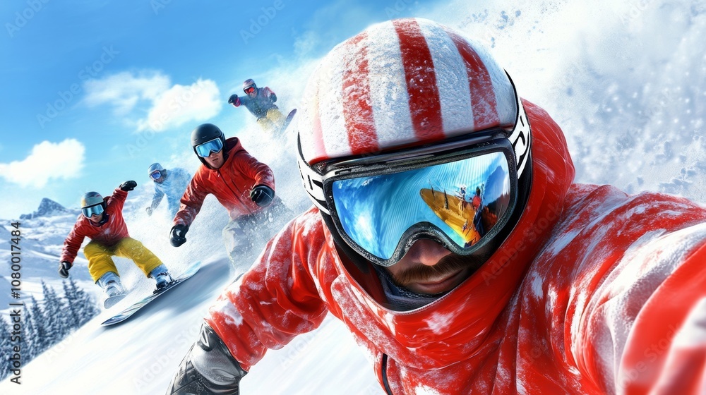 Poster man in a red jacket is taking a selfie while snowboarding down a mountain. concept of adventure and 