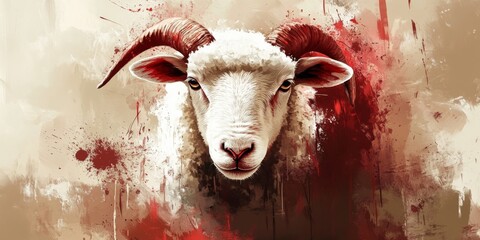 Close-up portrait of serious sheep facing camera in dark and moody digital art with grungy, distressed effect.