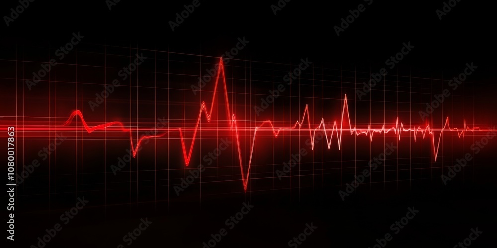 Poster red ecg line graph on black background - simple and minimalistic digital illustration of heartbeat r