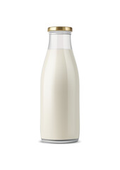 Milk in a glass bottle with a golden cap, isolated on a white background.