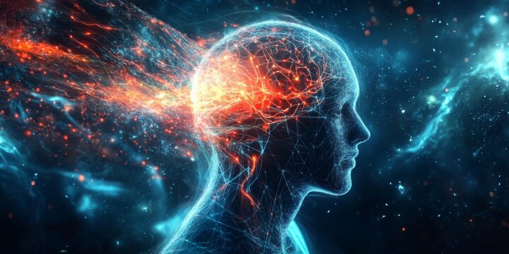 Futuristic Human Head Illustration with Interconnected Electrical Connections in Nebula-like Background