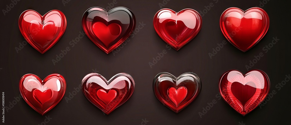 Poster versatile set of red heart vector icons in multiple styles including outline, filled, and hand-drawn