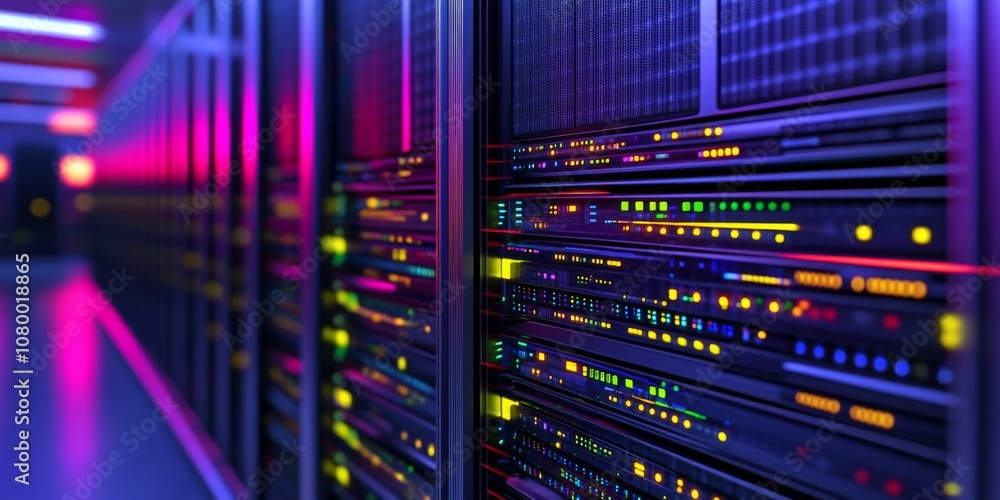 Poster modern and technological data center with rows of neatly arranged servers, colorful lights, and blur