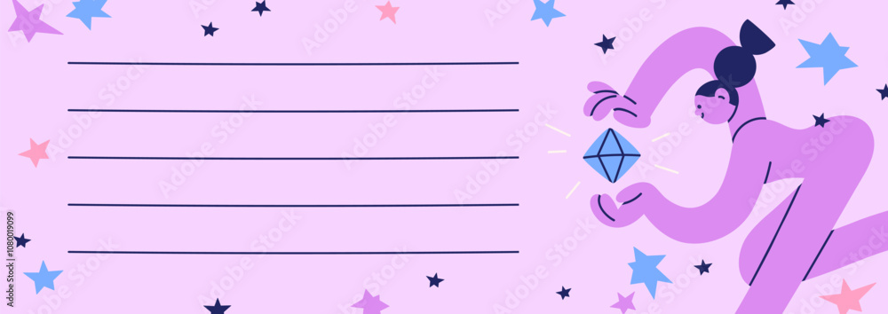 Poster notepad page design, template with blank lines on framed horizontal background. girl with mysterious