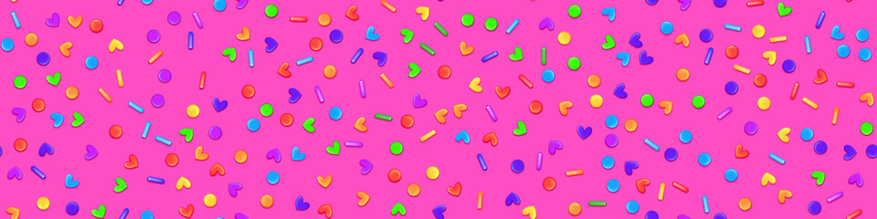 Bright pink glaze with rainbow heart, circle and dash form sprinkles as a seamless patern. Cute party bg with confetti. Ice cream and bakery topping. Holiday vector illustration
