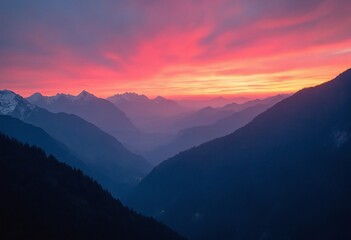 Obraz premium Breathtaking dawn landscape showcasing vibrant mountain hues majestic sky