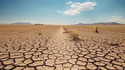 A cracked earth path leads into the distance in a barren desert landscape.