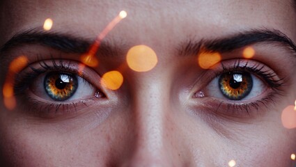 Close-up of of eyes, reflecting neon signs and city lights, hinting at hidden emotions and curiosity, soft bokeh effect in the background with subtle sparks and light trails.