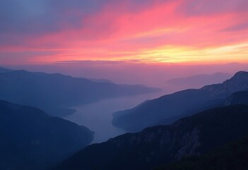 Fototapeta premium Breathtaking dawn landscape showcasing vibrant mountain hues majestic sky
