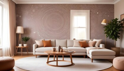 Scandinavian living room interior design zoom background,Doodle patterned wallpaper graphics