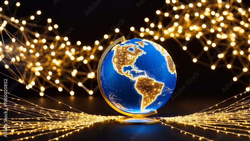 Poster a glowing, digital globe surrounded by lines and dots on a black background.
