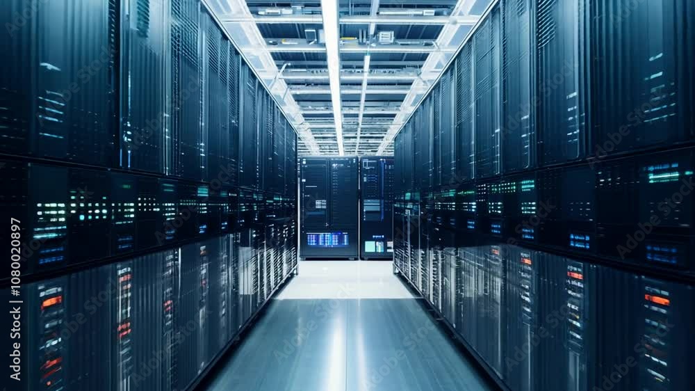 Poster dynamic dolly shot through a modern data center with rack servers generative ai