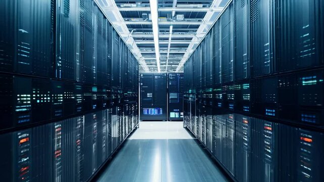 Dynamic Dolly Shot Through a Modern Data Center With Rack Servers Generative AI