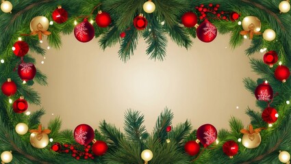 christmas frame with red balls and fir branches with generative ai	
