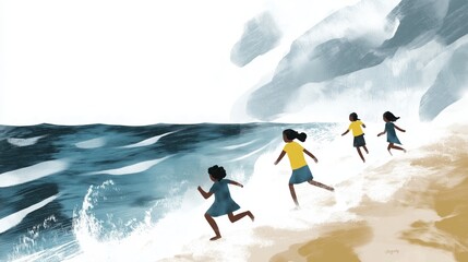 Naklejka premium watercolor painting style illustration of happy kids boys and girls running playing together at beach of Africa