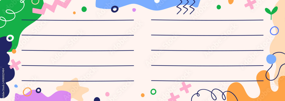 Poster notebook page design. blank background with abstract shapes, colorful doodle elements, creative deco