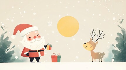 Naklejka premium cute cartoon nursery illustration, tiny Santa Claus give a gift to a reindeer in Christmas night