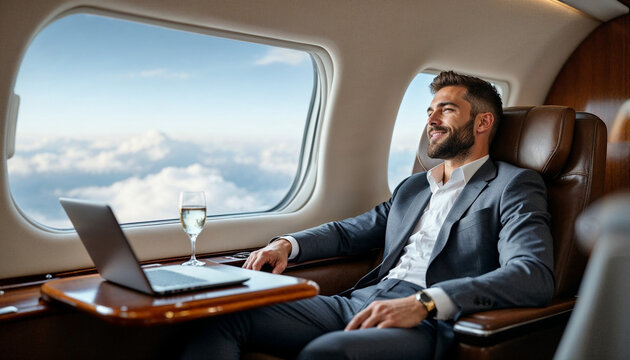 A relaxed businessman in a private jet, exuding luxury and efficiency.

