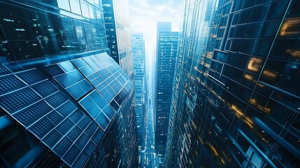 A Close-Up View of Solar Panels on a Tall Modern Building in a Cityscape