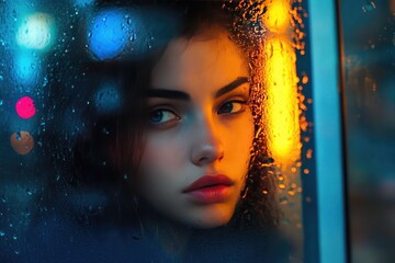 A Woman Gazes Out a Wet Window at Night with City Lights Blurred in the Background