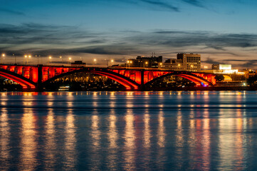 communal bridge over the Yenisei River in Krasnoyarsk at night