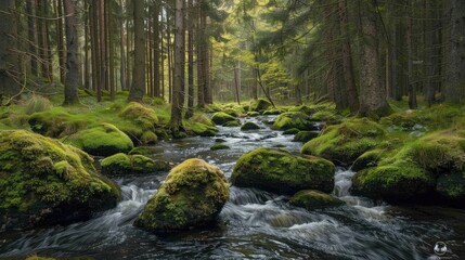 Tranquil Forest Stream with Moss-Covered Rocks