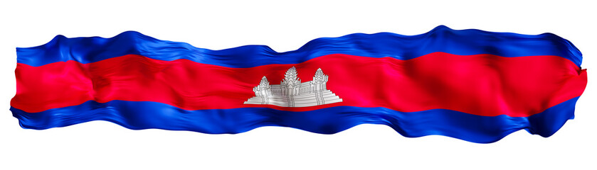Fototapeta premium Stylized flag of Cambodia waving in the wind on transparent background. Footer, header or divider. Cut out wide, panoramic element. Banner for patriotic themes or national event promotions. 3D.