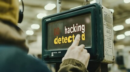 An ominous notification appears on the screen, signaling a potential security breach with the warning 'hacking detected'.