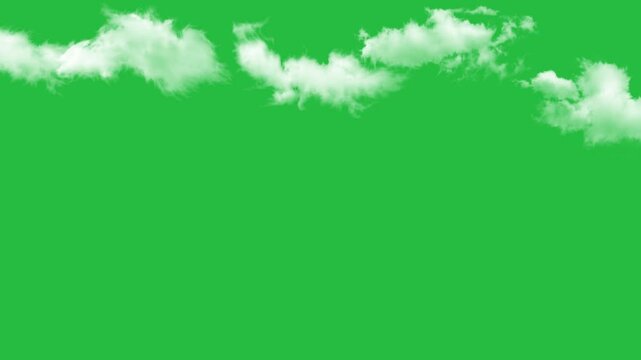 White fluffy clouds on a green screen. Clouds animation moving on green screen background