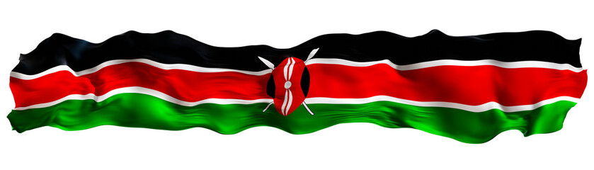 Stylized flag of Kenya waving in the wind on transparent background. Footer, header or divider. Cut out wide, panoramic element. Banner for patriotic themes or national event promotions. 3D.