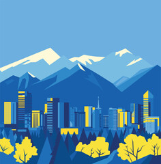 Stylization of a simple urban landscape of Almaty against the backdrop of mountains