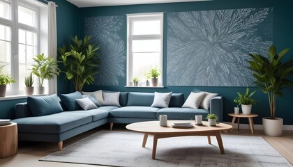Scandinavian living room interior design zoom background,Doodle patterned wallpaper graphics