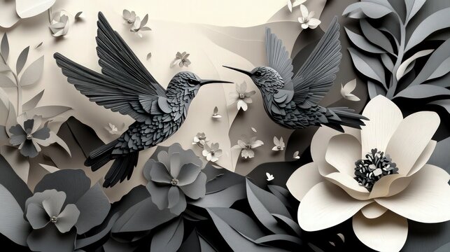 monochromatic paper-cut illustration featuring a mix of hummingbirds and tropical flowers. The artwork transitions from a light top left to a dark bottom right, creating a dramatic contrast.