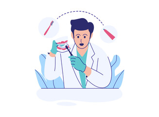 A dentist explains proper brushing technique using a model.