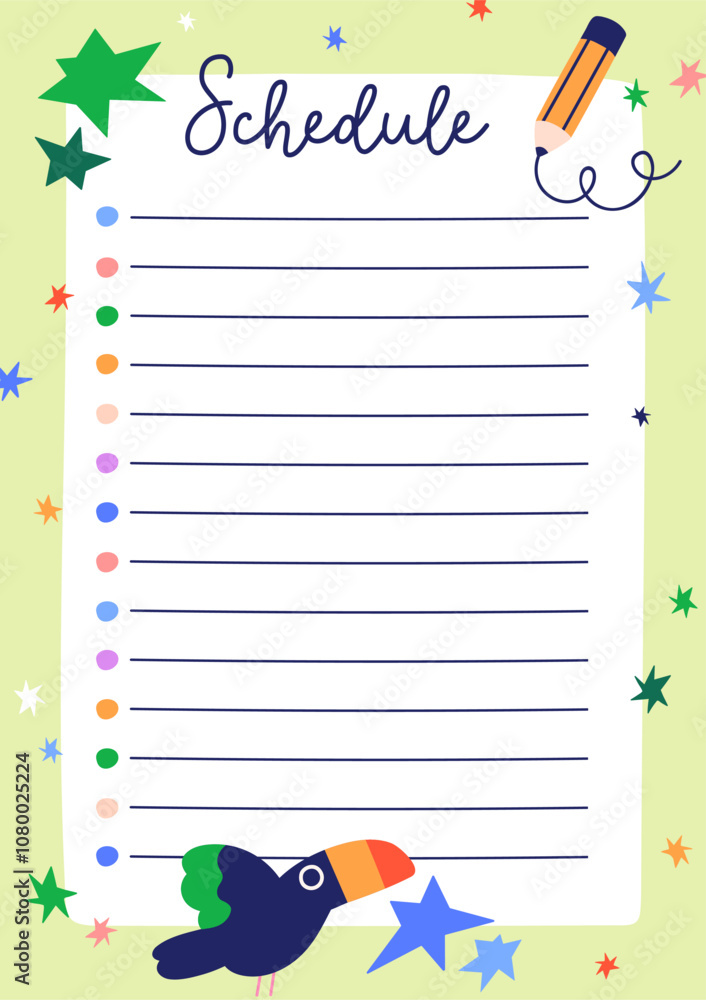 Poster diary page design, schedule paper. notebook background, notepad template with cute bird, writing pen