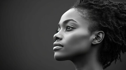 Black and White Portrait of a Woman with Curly Hair Looking Up
