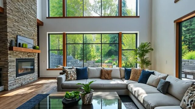 A large living room with a fireplace, a potted plant, and a television