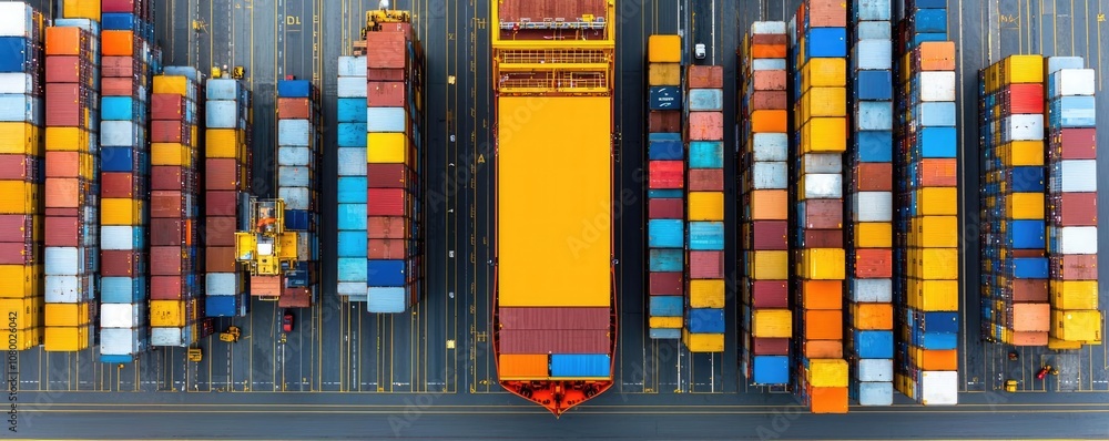 Poster aerial view of colorful shipping containers arranged in a port.