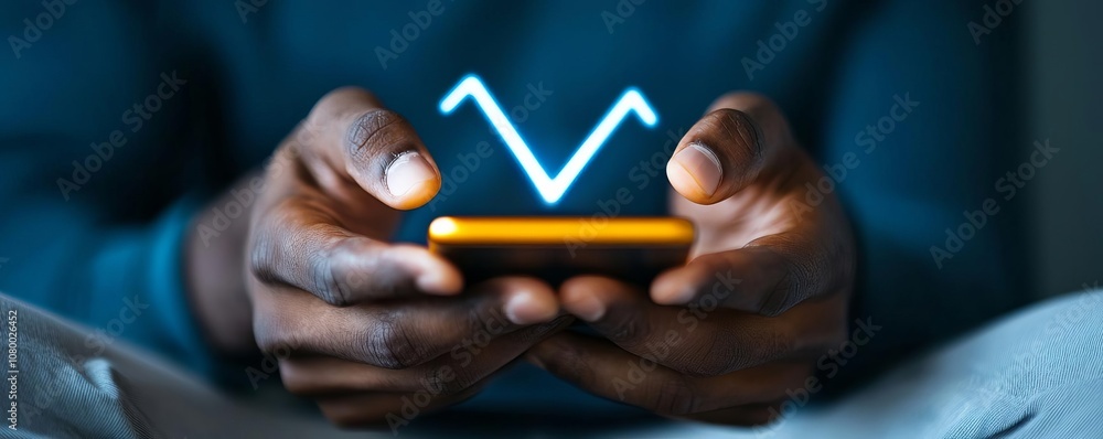Poster a person uses a smartphone displaying a digital performance chart.