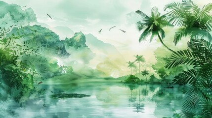 A serene digital landscape depicting a lush, green jungle by a tranquil river.